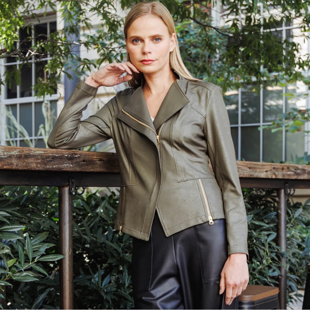 Clara Sun Woo Liquid Leather Moto Jacket in Olive Size Large